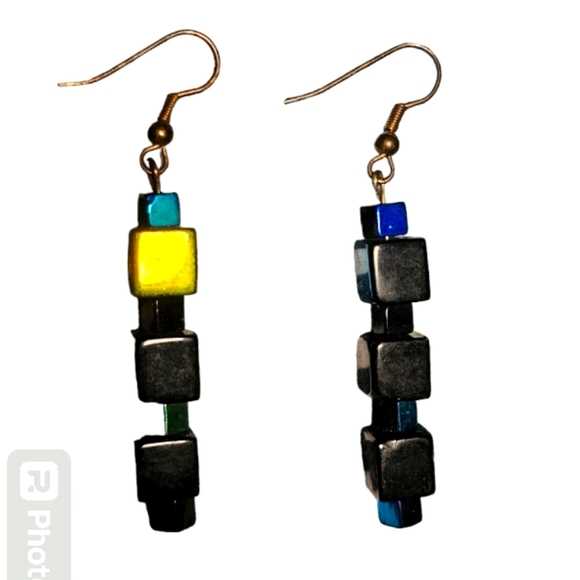 Source Unknown Jewelry - Hematite Cube Dangle Color Shifting Earrings Iridescent Black Blue Metallic